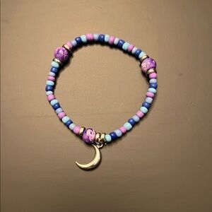 Hand Crafted Purple and Blue Beaded Bracelet with Silver Crescent